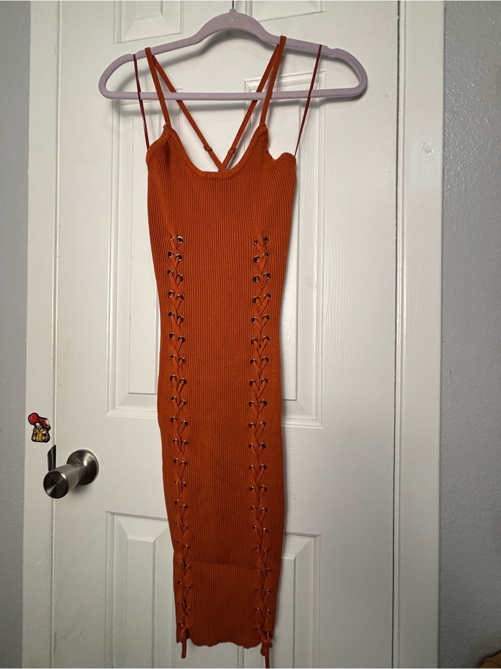 Orange/Brown ribbed bodycon midi dress features striking side lace-up Size Small